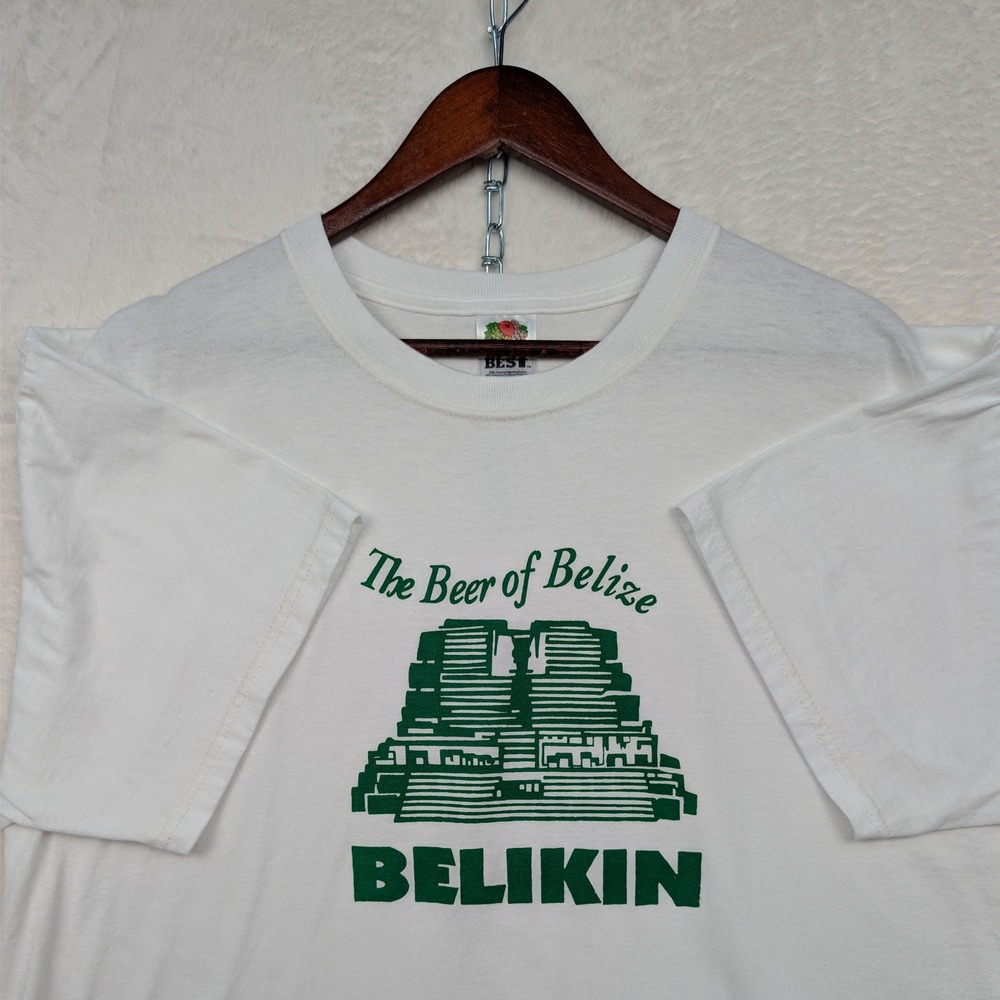 VTG Fruit of the Loom T-Shirt Men's XL White Belikin Beer Belize Paper Thin Y2K